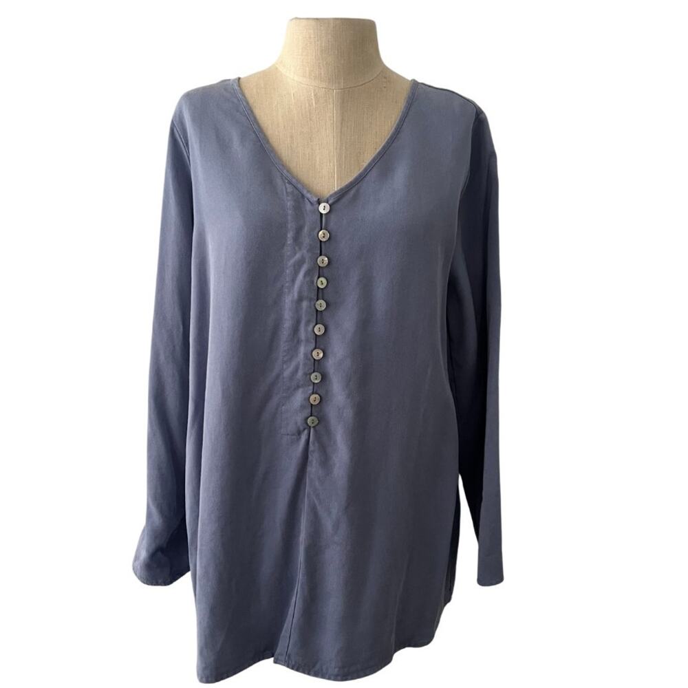 Soft Surroundings Sardinia Tencel Tunic Top Size S Blue V-Neck Button